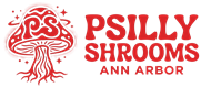 Psilly Shrooms Ann Arbor logo with a red mushroom illustration and decorative roots design